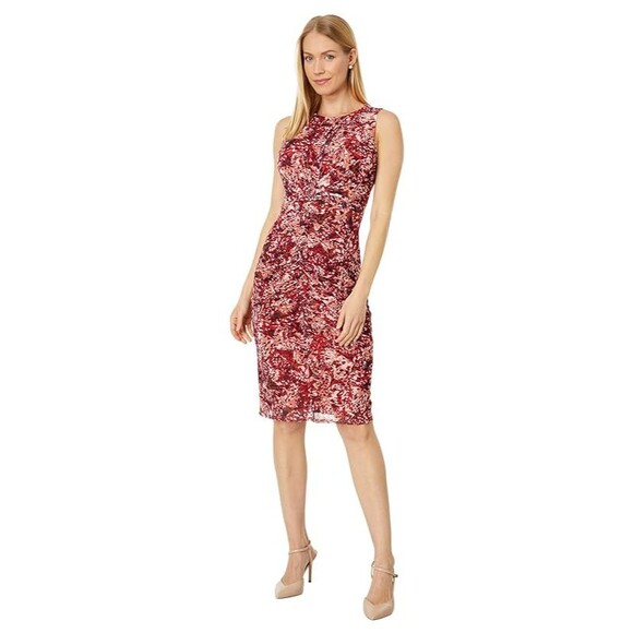 VINCE CAMUTO Mesh Ruched Bodycon Dress Size 2 Red Printed Sleeveless NWT B37 - Picture 1 of 6